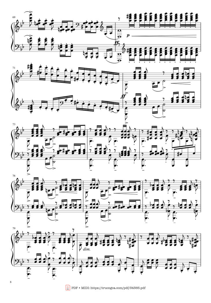 Page 8 of the piano sheet music PDF Piano – Prélude in G Minor Piano by Sergei Vasilievich Rachmaninoff (1873 - 1943