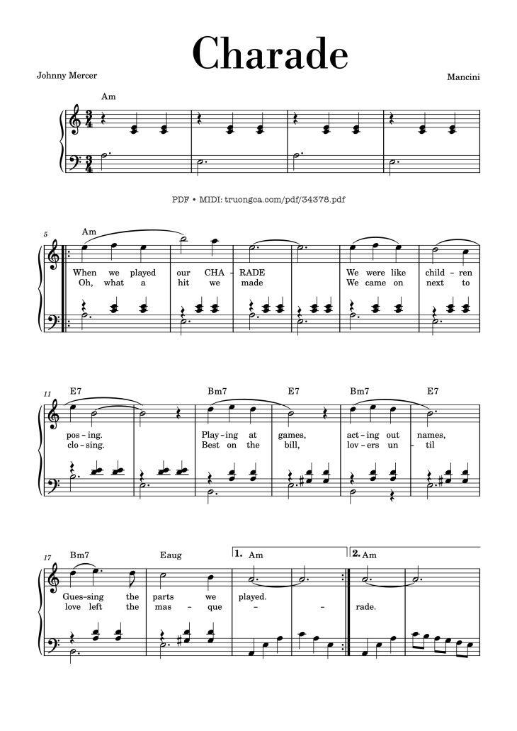 Page 1 of the piano sheet music PDF Piano – Charade - Henry Mancini Piano by Henry Mancini