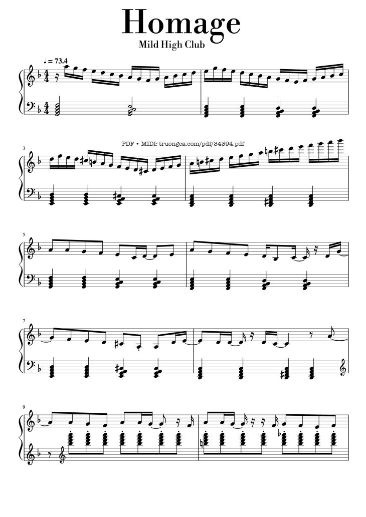 Page 1 of the piano sheet music PDF – Homage Piano by Mild High Club