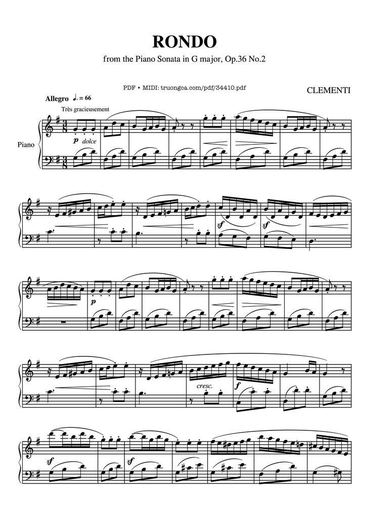 Page 1 of the piano sheet music PDF Piano – RONDO from Sonatina Op. 36 No.2 Piano by CLEMENTI