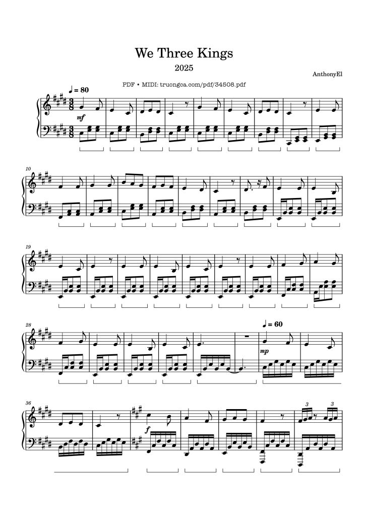 Page 1 of the piano sheet music PDF Piano – We Three Kings Piano Easy by John Henry Hopkins
