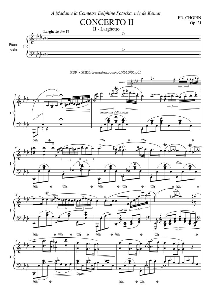 Page 1 of the piano sheet music PDF Piano – Chopin Concerto No.2, Op.21, Larghetto by Frédéric Chopin