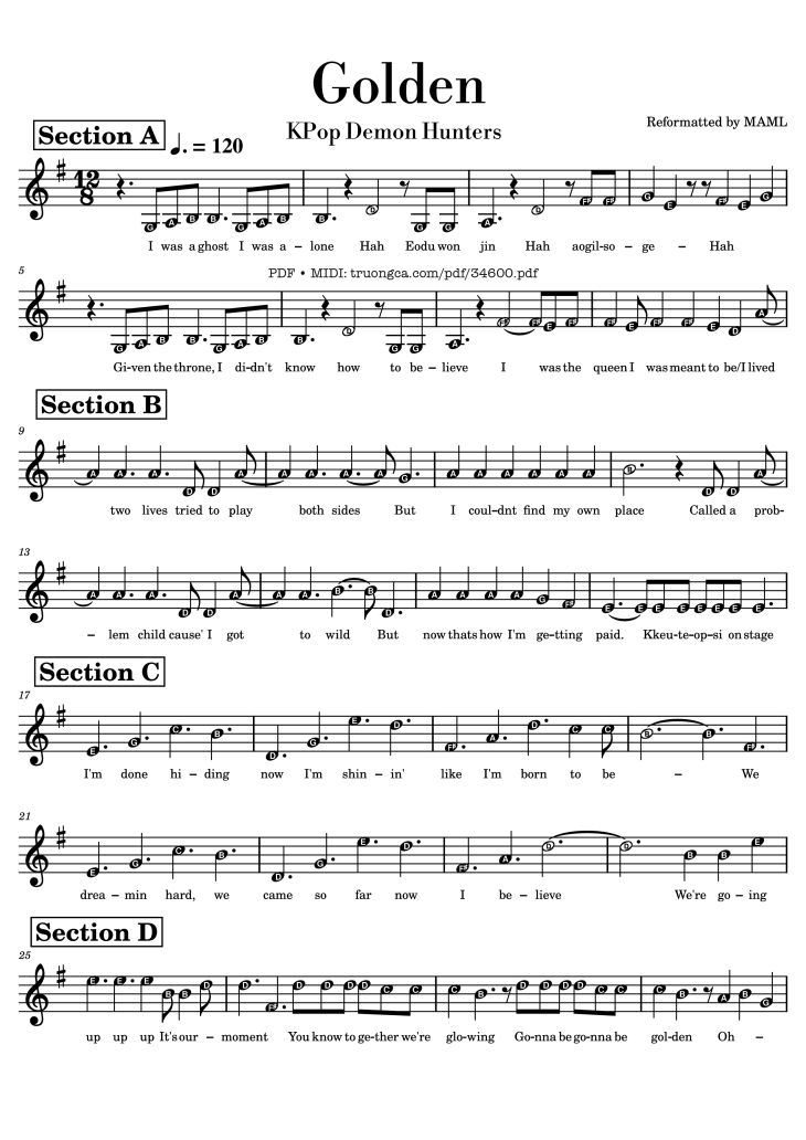 Page 1 of the piano sheet music PDF Piano – Golden KPop Demon Hunters Melody Piano by HUNTR