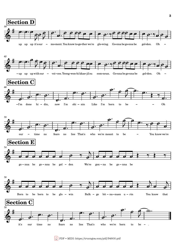 Page 3 of the piano sheet music PDF Piano – Golden KPop Demon Hunters Melody Piano by HUNTR