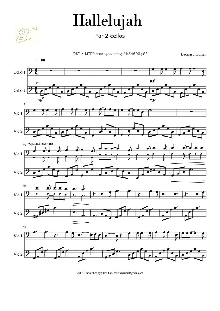 Page 1 of the piano sheet music PDF – Hallelujah For 2 cellos by Leonard Cohen