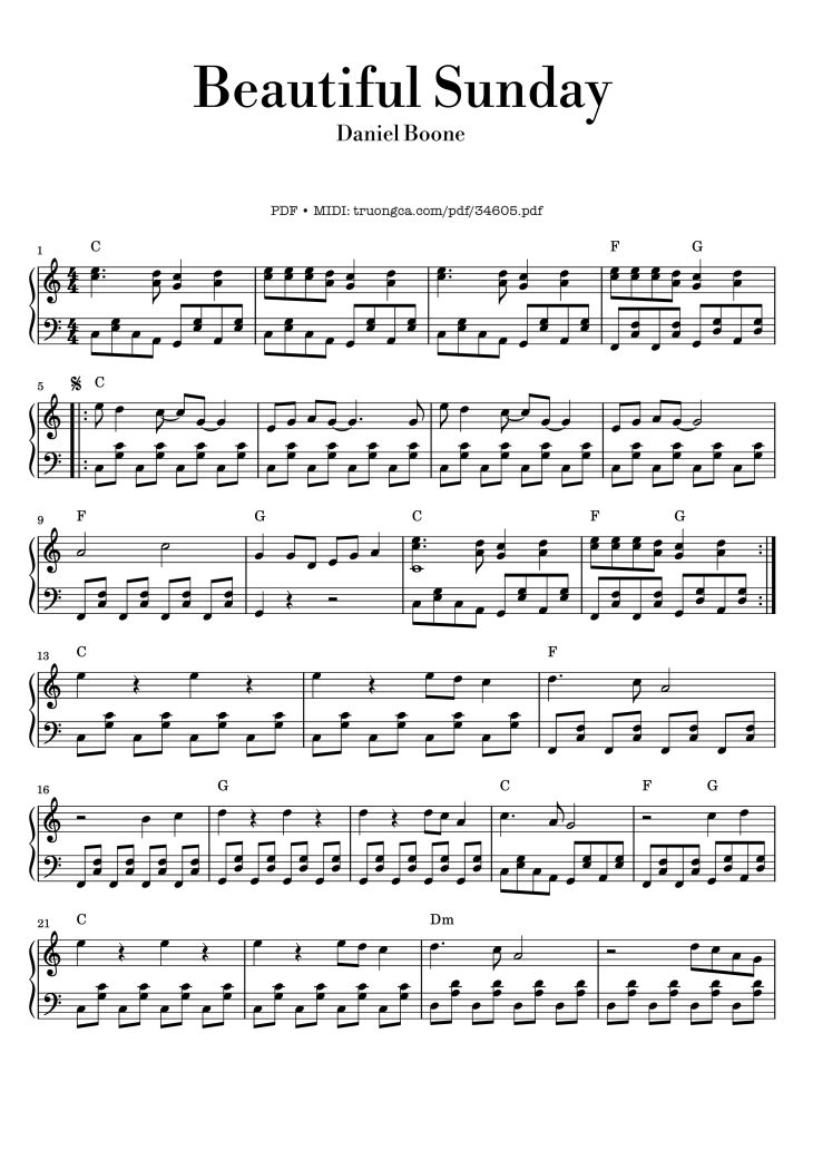 Page 1 of the piano sheet music PDF Piano – Beautiful Sunday Piano by Daniel Boone