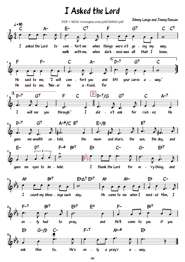 Page 1 of the piano sheet music PDF – I Asked the Lord by Johnny Lange and Jimmy Duncan