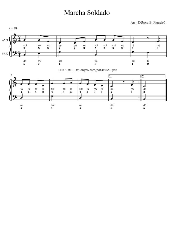 Page 1 of the piano sheet music PDF – Marcha Soldado Piano by Débora Beatriz