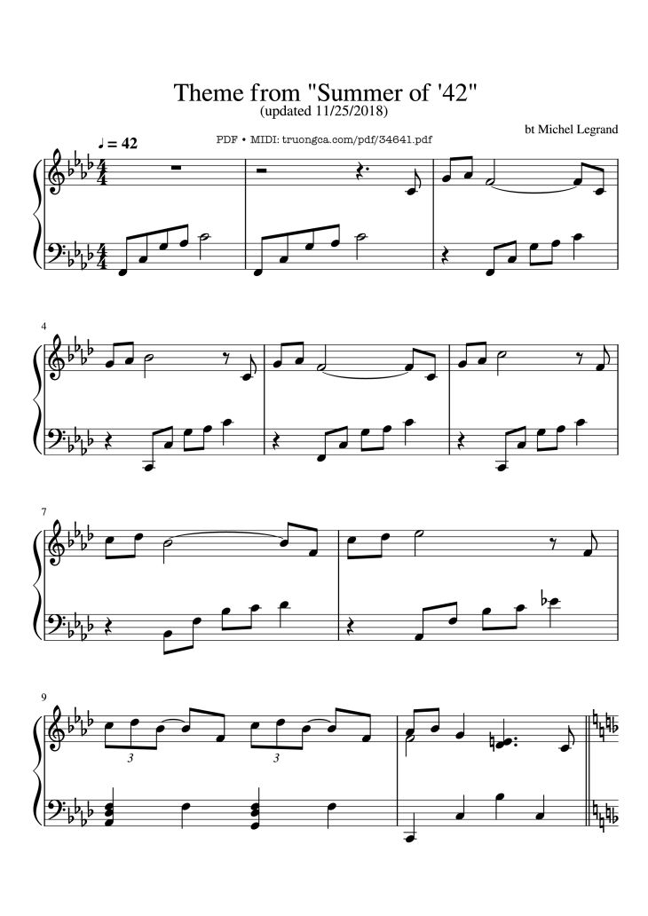 Page 1 of the piano sheet music PDF Piano – Theme from Summer of 