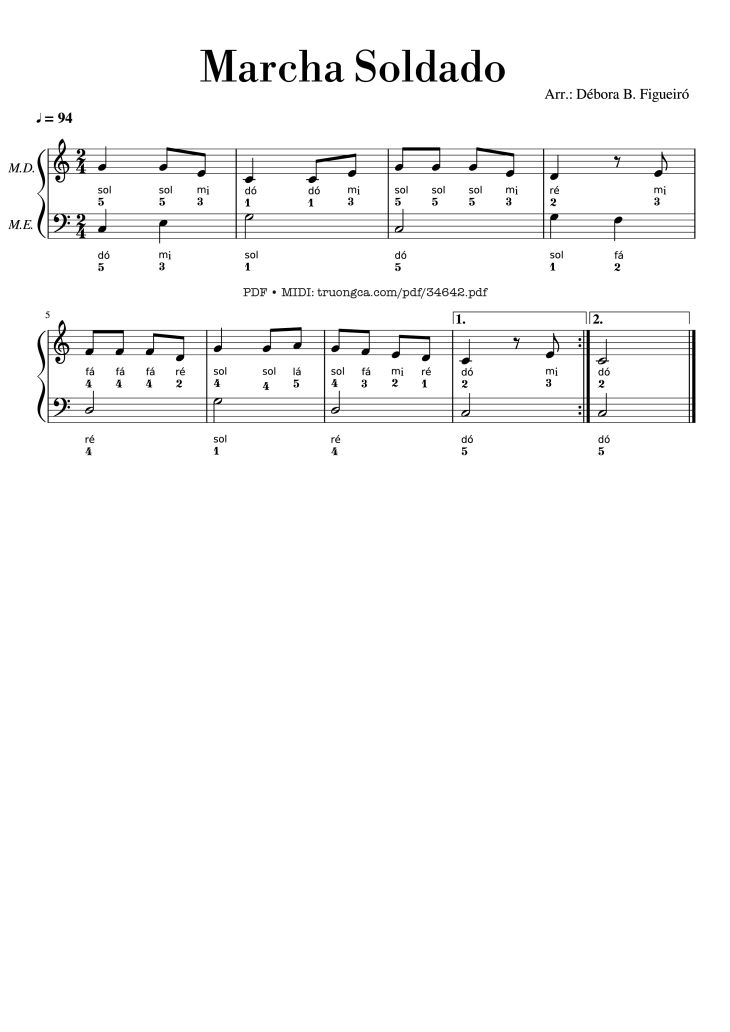 Page 1 of the piano sheet music PDF Piano – Marcha Soldado Piano by Galinha Pintadinha