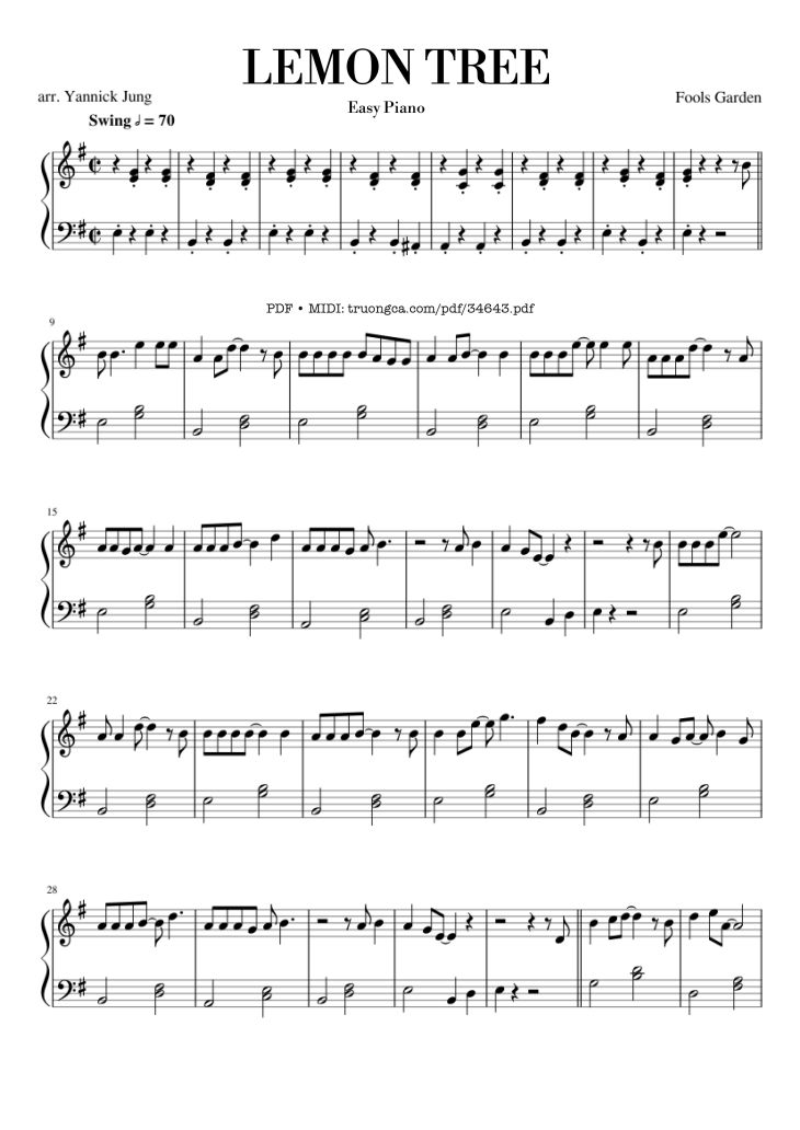 Page 1 of the piano sheet music PDF Piano – Lemon Tree Piano EASY by Fools Garden