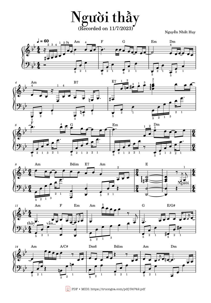 Page 1 of the piano sheet music PDF Piano – Người thầy Piano Solo by Nguyễn Nhất Huy