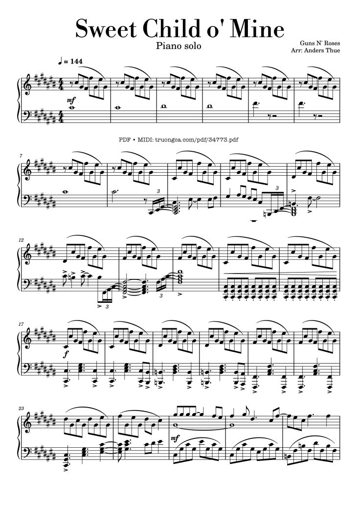 Page 1 of the piano sheet music PDF Piano – Sweet Child o