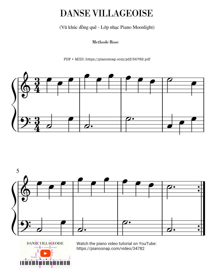 Page 1 of the piano sheet music PDF Piano – Danse Villageoise by Methode Rose