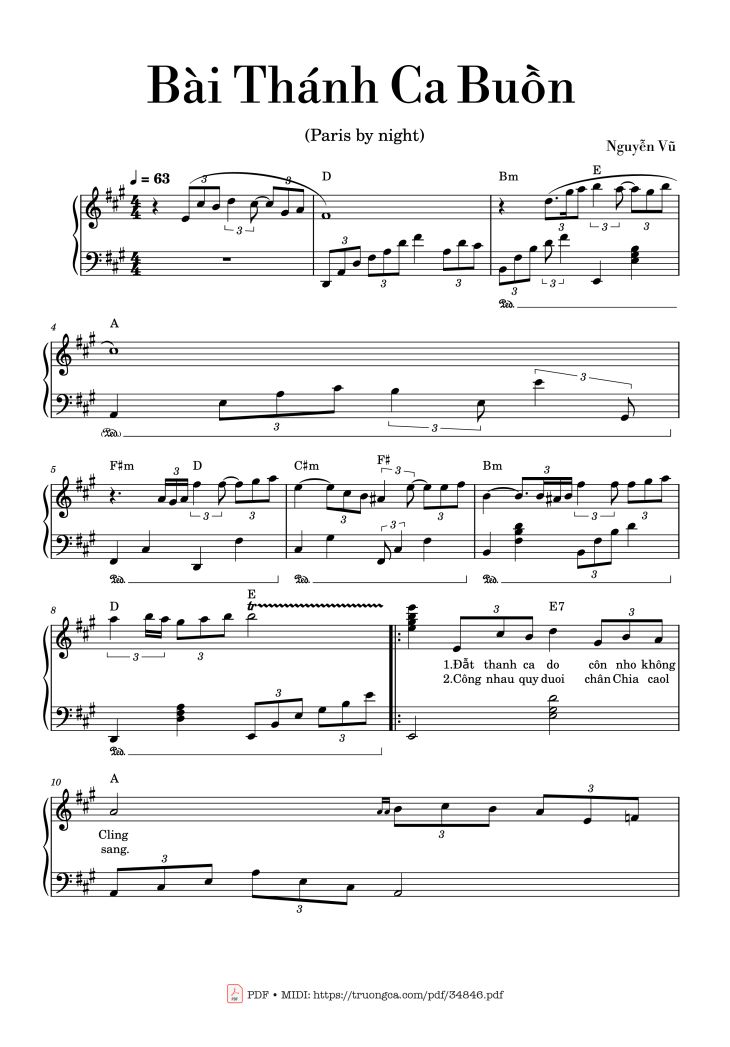 Page 1 of the piano sheet music PDF Piano – Bài Thánh Ca Buồn Piano by Nguyễn Vũ