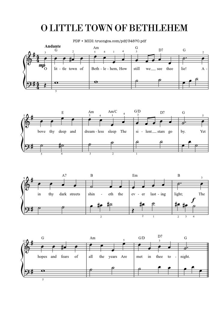 Page 1 of the piano sheet music PDF Piano – O Little Town Of Bethlehem EASY Piano by Phillips Brooks