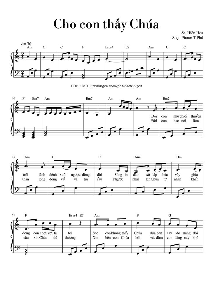 Page 1 of the piano sheet music PDF Piano – Cho con thấy Chúa Piano by Hiền Hòa