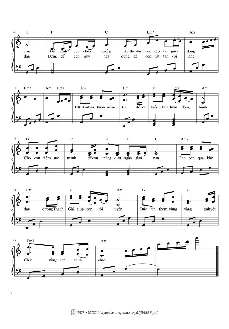 Page 2 of the piano sheet music PDF Piano – Cho con thấy Chúa Piano by Hiền Hòa