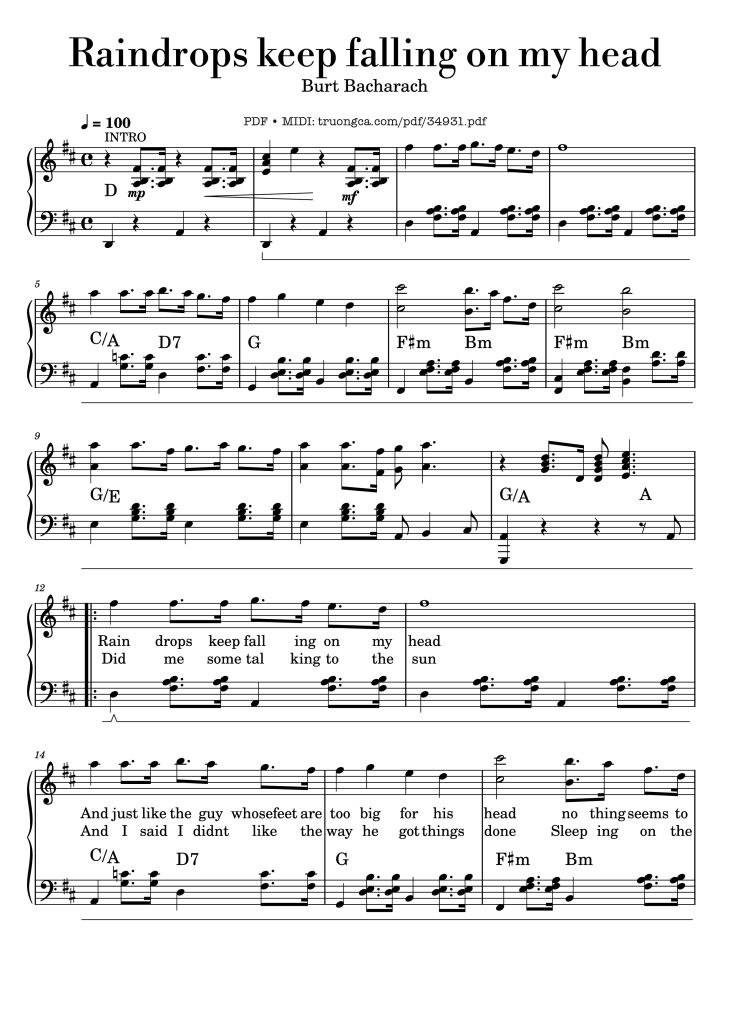 Page 1 of the piano sheet music PDF – Raindrops keep falling on my head Piano by Burt Bacharach