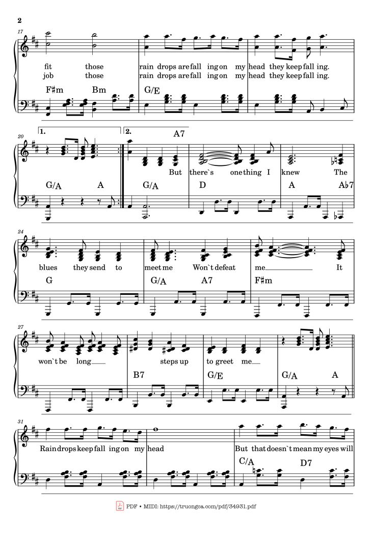Page 2 of the piano sheet music PDF – Raindrops keep falling on my head Piano by Burt Bacharach