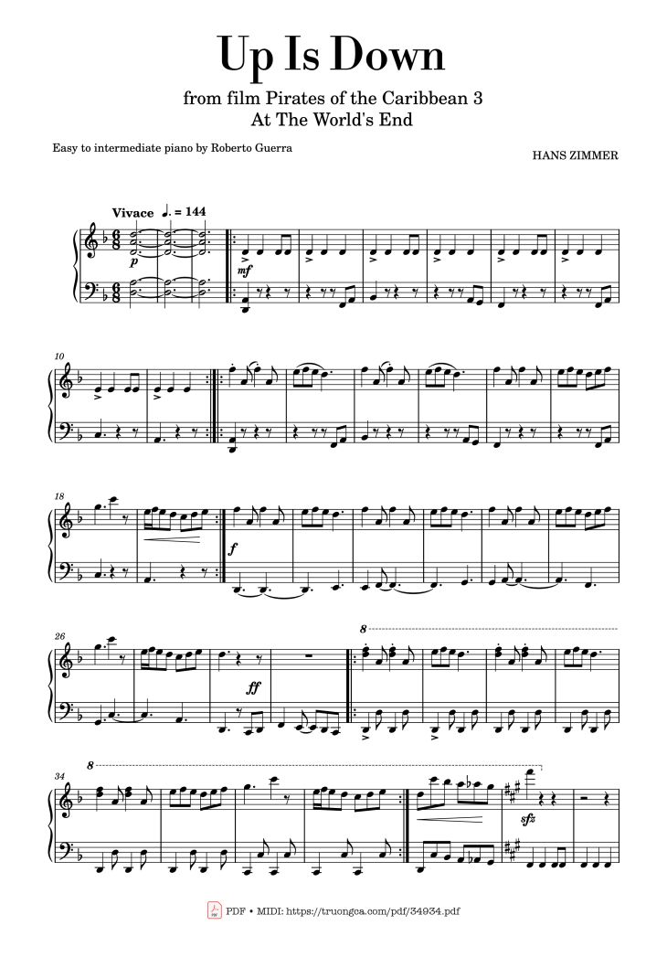 Page 1 of the piano sheet music PDF Piano – Up Is Down (Pirates of the Caribbean) by Hans Zimmer