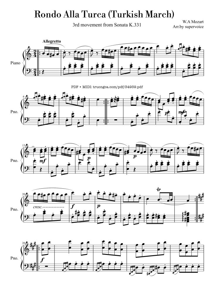 Page 1 of the piano sheet music PDF Piano – Rondo Alla Turca (Turkish March) Piano by Wolfgang Amadeus Mozart