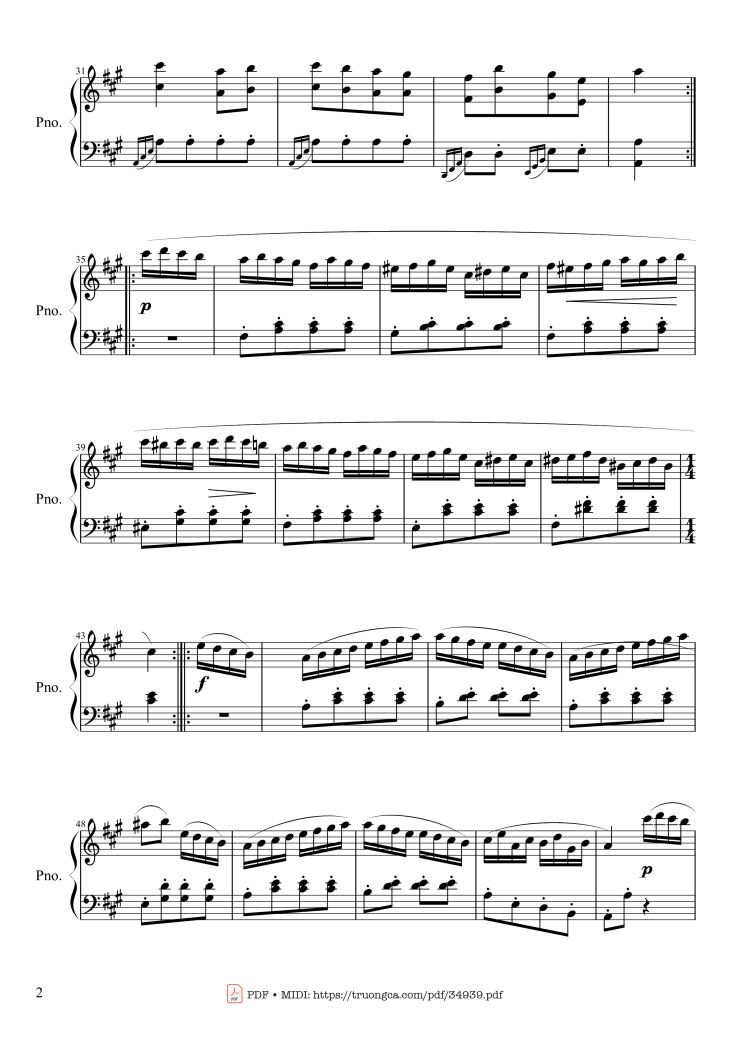 Page 2 of the piano sheet music PDF Piano – Rondo Alla Turca (Turkish March) Piano by Wolfgang Amadeus Mozart