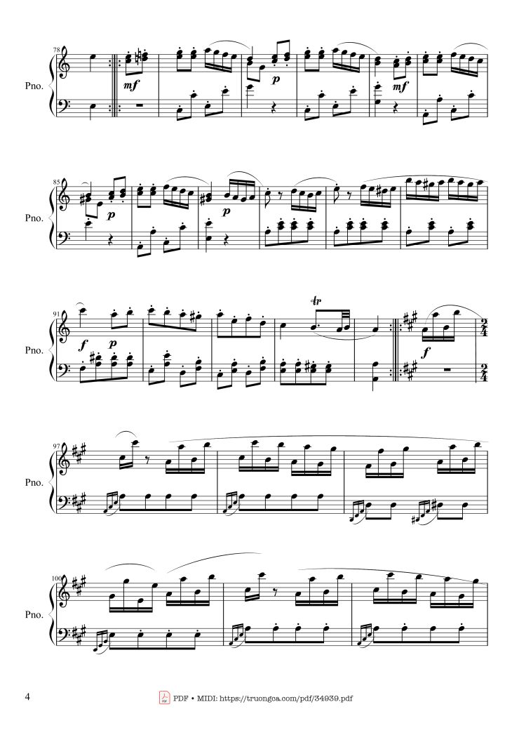 Page 4 of the piano sheet music PDF Piano – Rondo Alla Turca (Turkish March) Piano by Wolfgang Amadeus Mozart