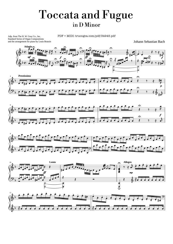 Page 1 of the piano sheet music PDF Piano – Toccata and Fugue in D Minor Piano by Johann Sebastian Bach