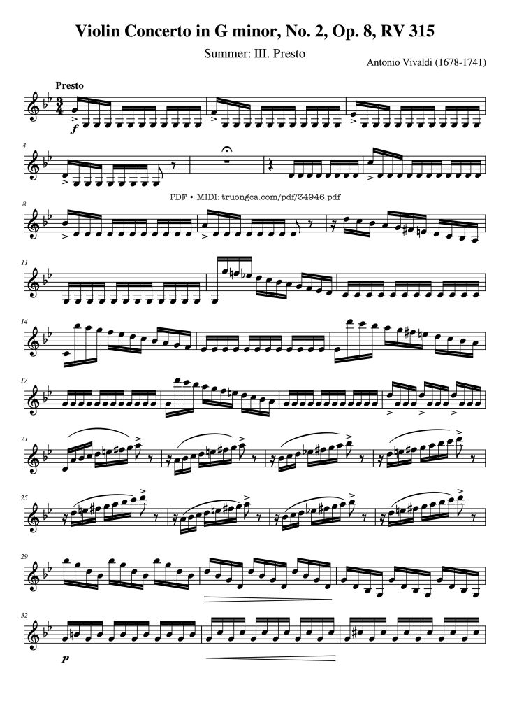 Page 1 of the piano sheet music PDF – Violin Concerto in G minor, No. 2, Op. 8, RV 315 by Antonio Vivaldi