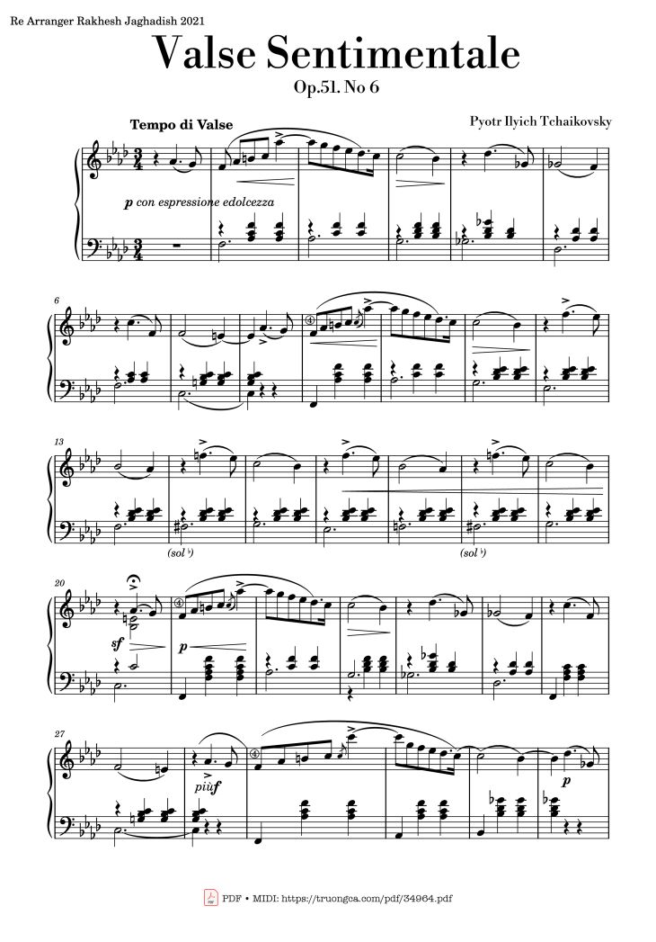 Page 1 of the piano sheet music PDF Piano – Valse Sentimentale Piano, Tchaikovsky by Pyotr Ilyich Tchaikovsky