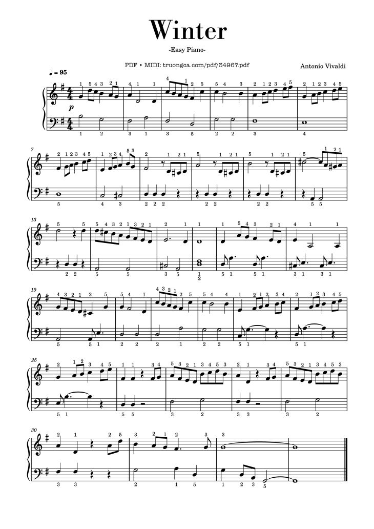 Page 1 of the piano sheet music PDF Piano – Winter Piano Easy, Vivaldi (With finger number) by Antonio Vivaldi