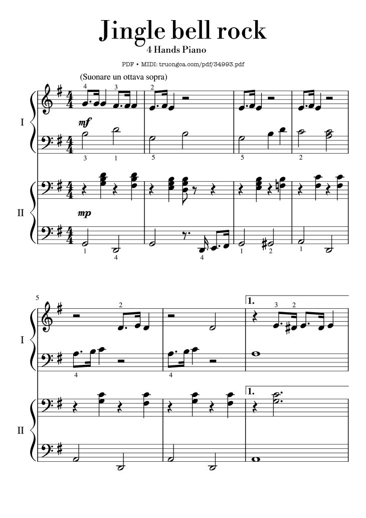 Page 1 of the piano sheet music PDF Piano – Jingle bell rock Piano 4 Hands EASY by Joseph Carleton Beal