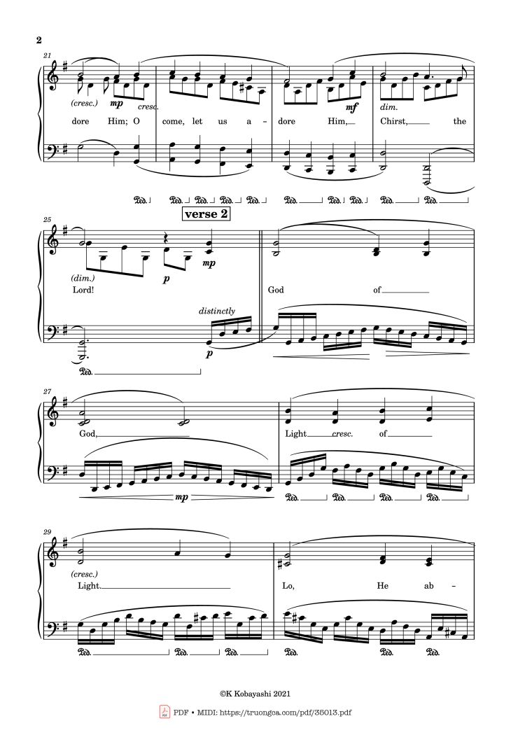 Page 2 of the piano sheet music PDF Piano – O Come, All Ye Faithful (Adeste Fideles) Piano by John Francis Wade
