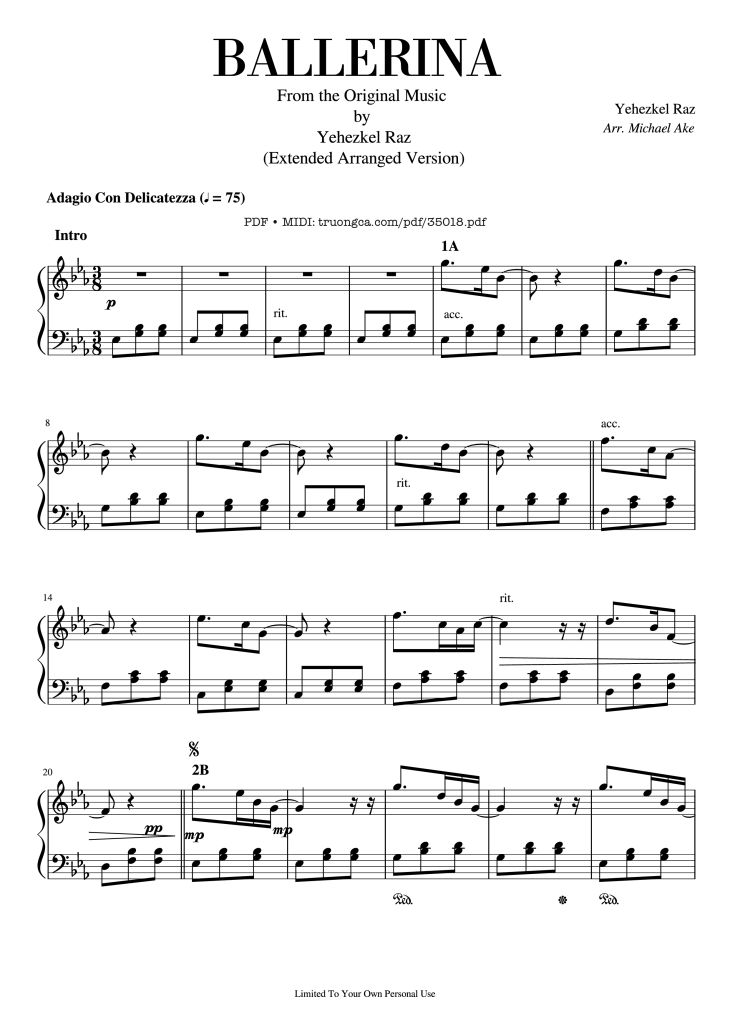 Page 1 of the piano sheet music PDF Piano – Ballerina Piano by Yehezkel Raz