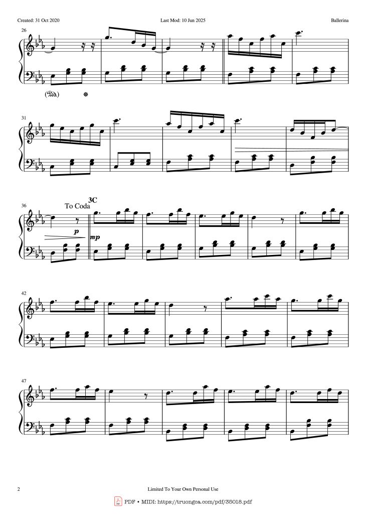 Page 2 of the piano sheet music PDF Piano – Ballerina Piano by Yehezkel Raz