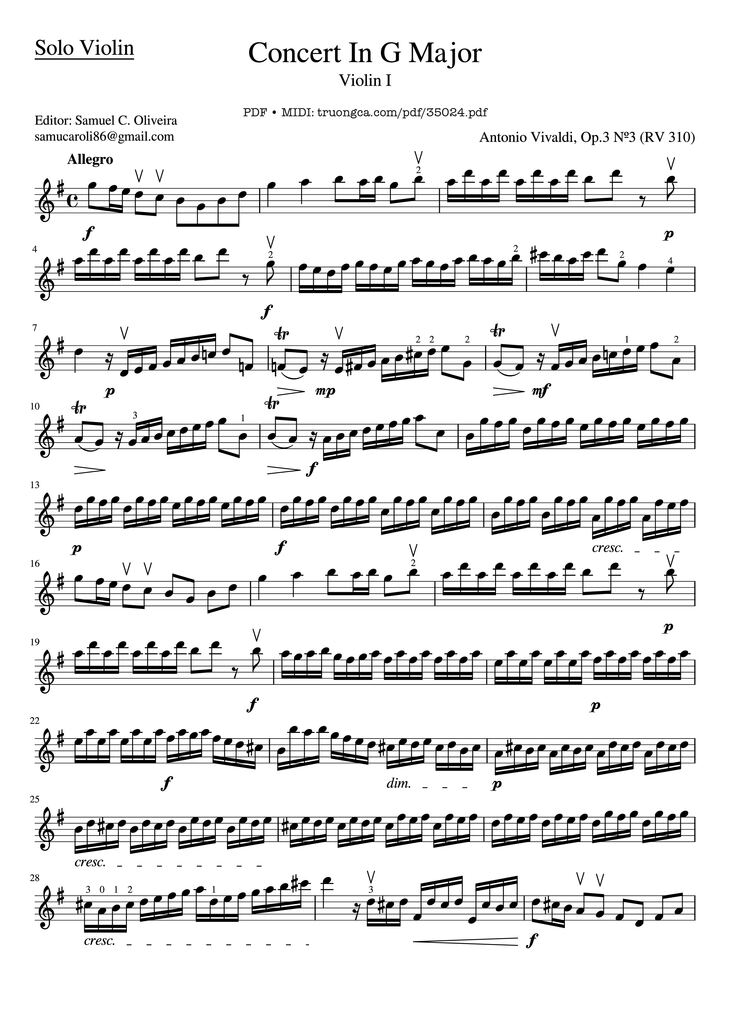 Page 1 of the piano sheet music PDF – Concerto In G Major (RV 310) Violin by Antonio Vivaldi