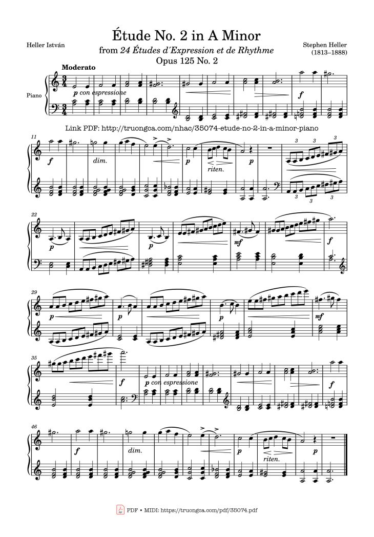 Page 1 of the piano sheet music PDF Piano – Étude No. 2 in A Minor Piano by Stephen Heller