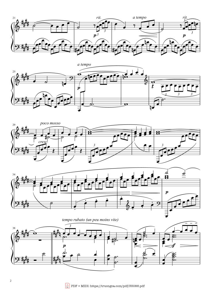 Page 2 of the piano sheet music PDF – Arabesque L. 66 No. 1 in E Major by Claude Achille Debussy