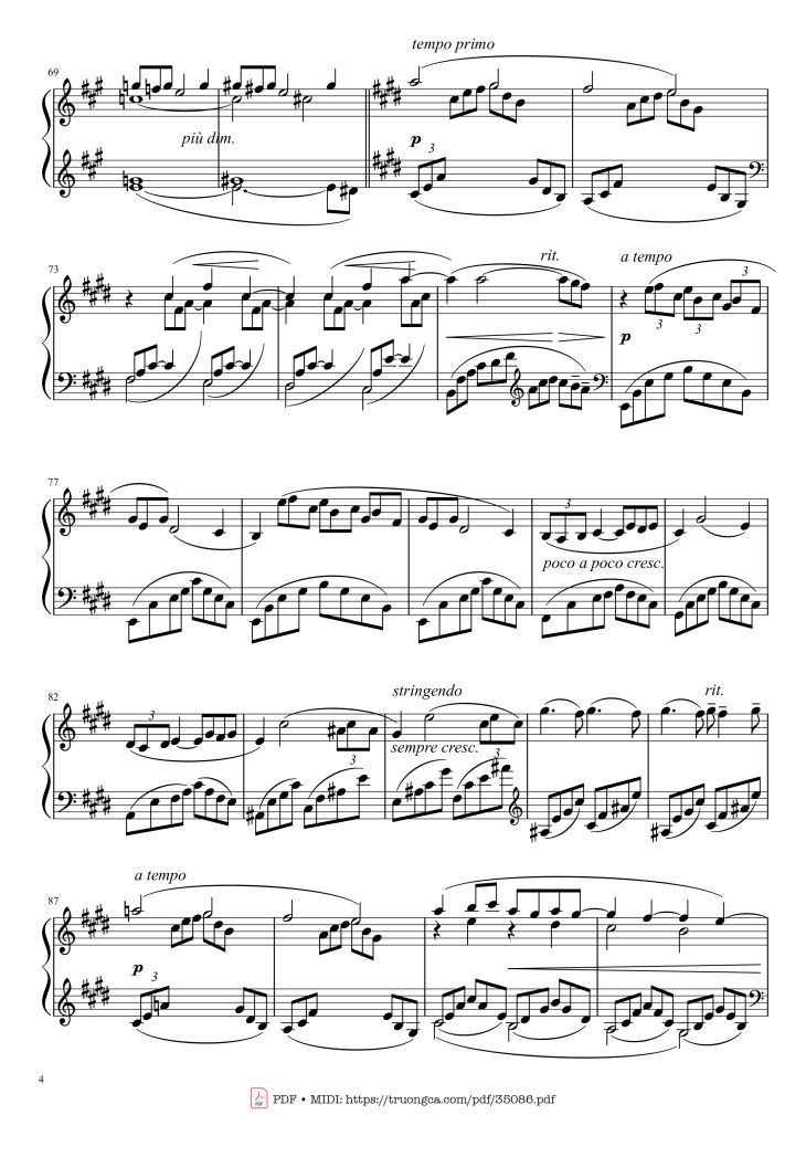 Page 4 of the piano sheet music PDF – Arabesque L. 66 No. 1 in E Major by Claude Achille Debussy