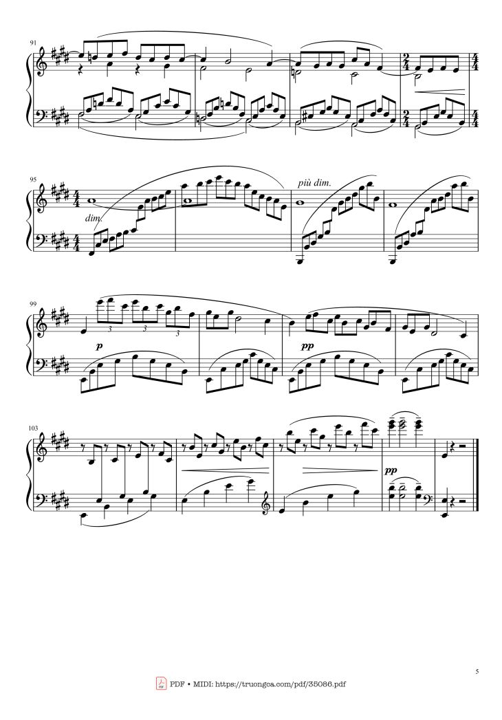 Page 5 of the piano sheet music PDF – Arabesque L. 66 No. 1 in E Major by Claude Achille Debussy