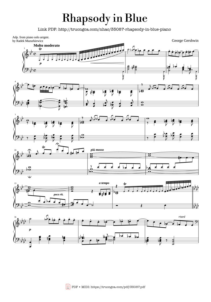 Page 1 of the piano sheet music PDF Piano – Rhapsody in Blue Piano by George Gershwin