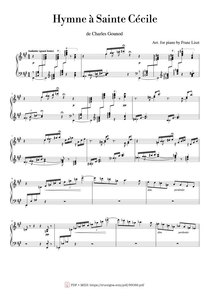 Page 1 of the piano sheet music PDF Piano – Hymne à Sainte Cécile Piano Solo by Franz Liszt