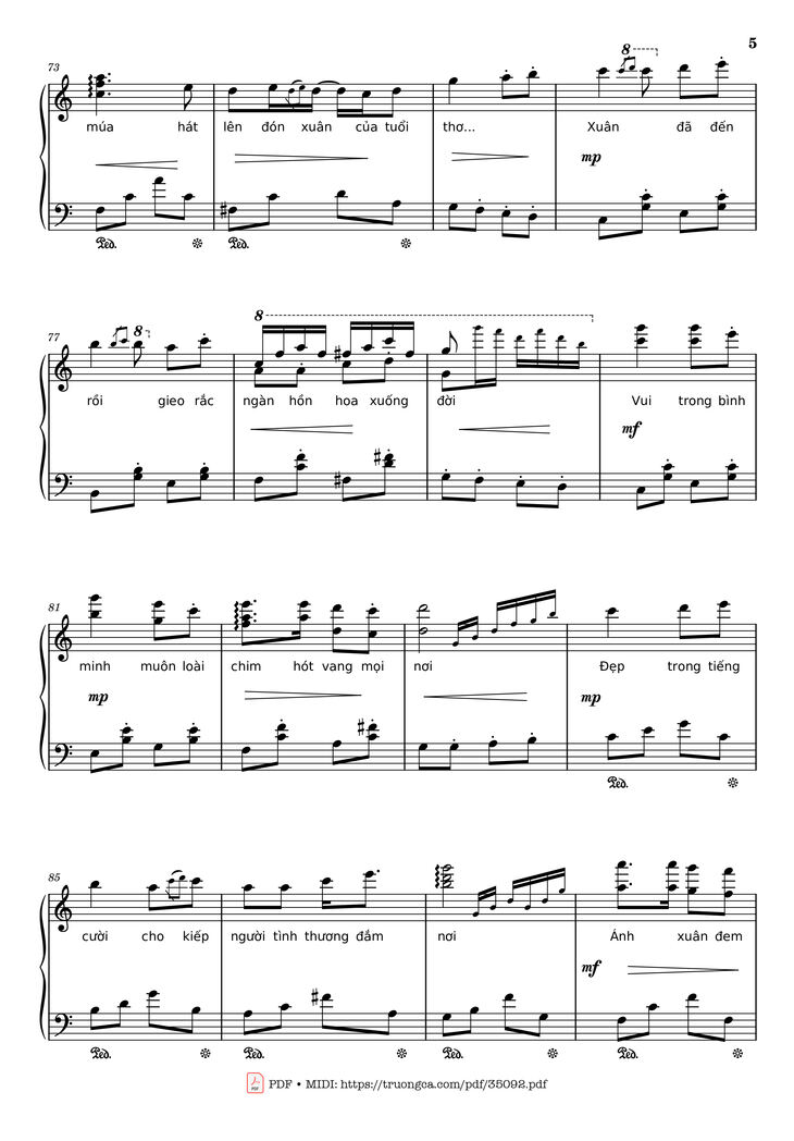 Page 5 of the piano sheet music PDF Piano – Đón xuân Piano by Phạm Đình Chương