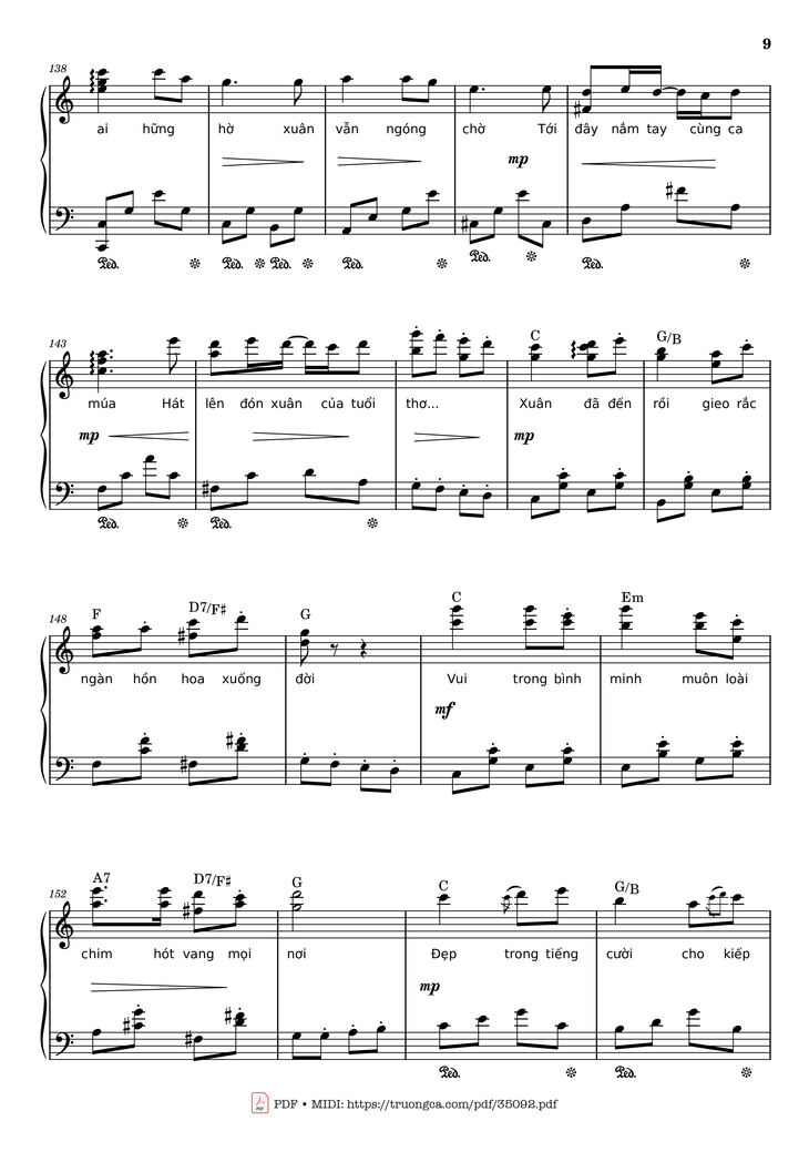 Page 9 of the piano sheet music PDF Piano – Đón xuân Piano by Phạm Đình Chương