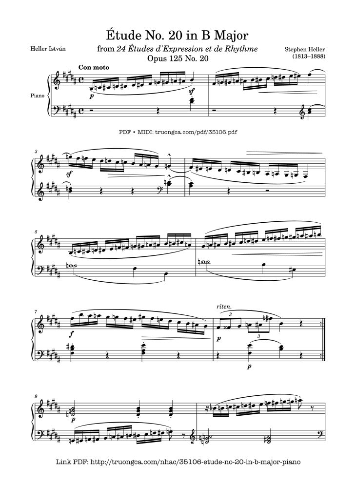 Page 1 of the piano sheet music PDF Piano – Étude No. 20 in B Major Piano by Stephen Heller
