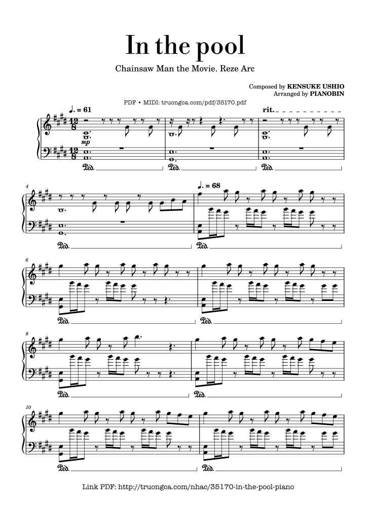 Page 1 of the piano sheet music PDF Piano – In the pool, Chainsaw Man, Reze Arc OST by Kensuke Ushio