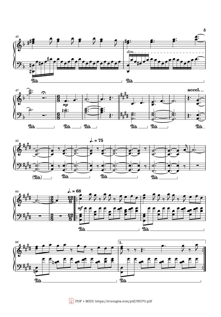 Page 5 of the piano sheet music PDF Piano – In the pool, Chainsaw Man, Reze Arc OST by Kensuke Ushio