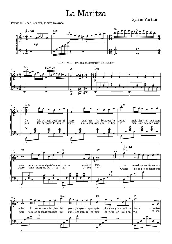 Page 1 of the piano sheet music PDF Piano – La Maritza Piano by Sylvie Vartan