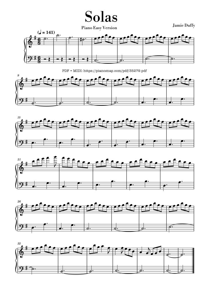 Page 1 of the piano sheet music PDF Piano – Solas - Jamie Duffy Piano EASY by Jamie Duffy